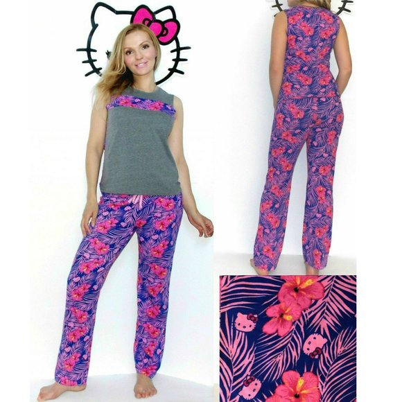 Sanrio Hello Kitty "Tropical Escape" women's Lounge Set Pajama, M,Gray/Blue/Pink - Picture 1 of 6